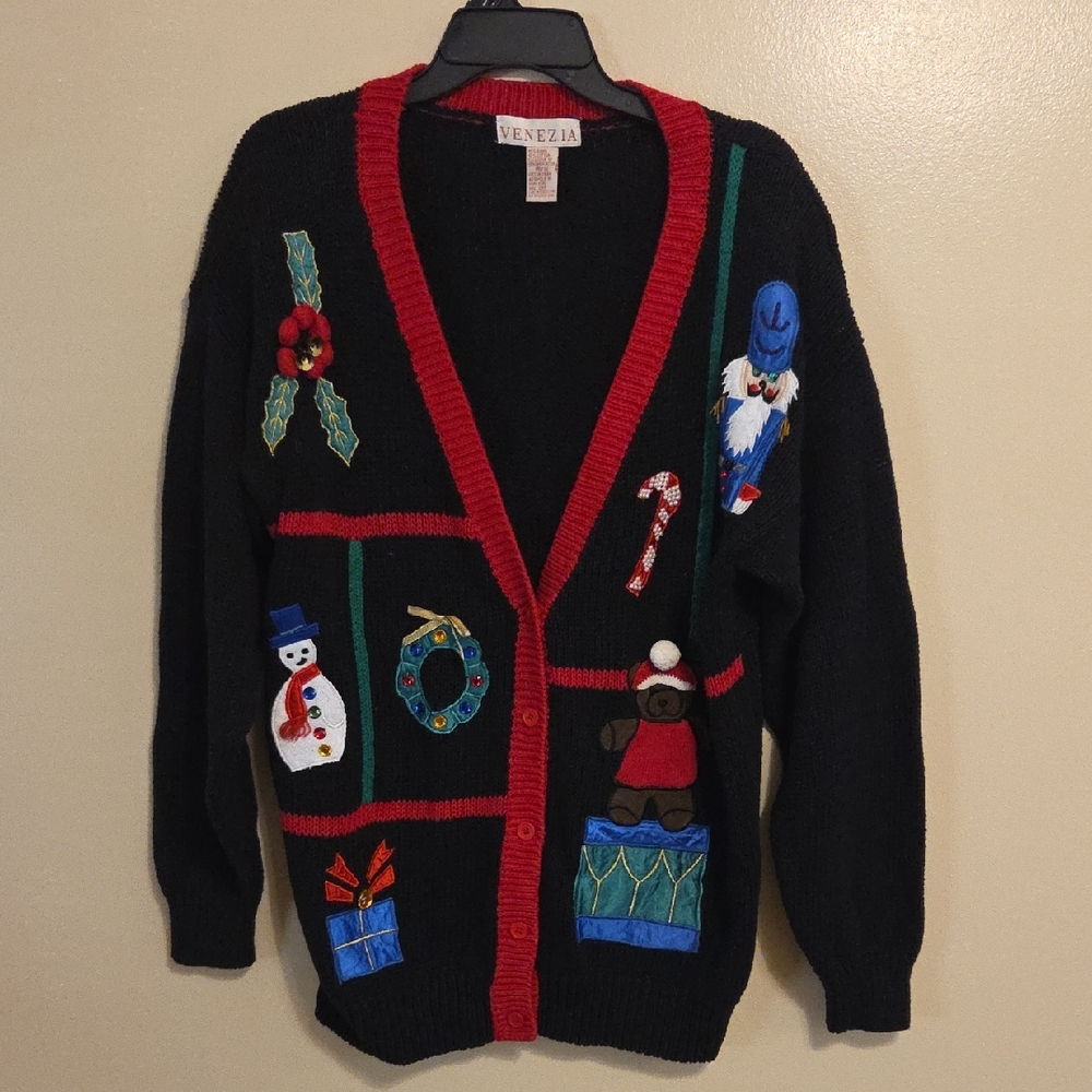 Vintage Festive Holiday Black Knit Chunky Warm Cardigan Sweater Christmas 14/16